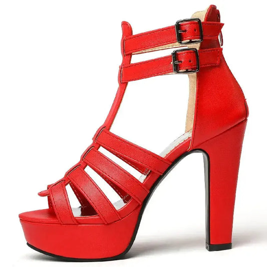 Red high-heeled sandal with platform on a white background