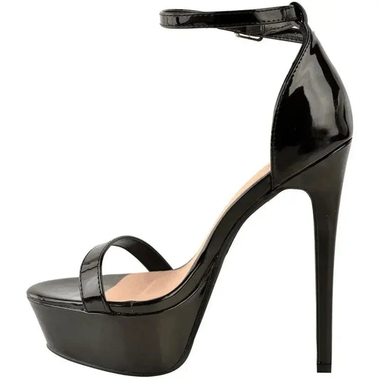Black high-heeled platform sandal on a white background