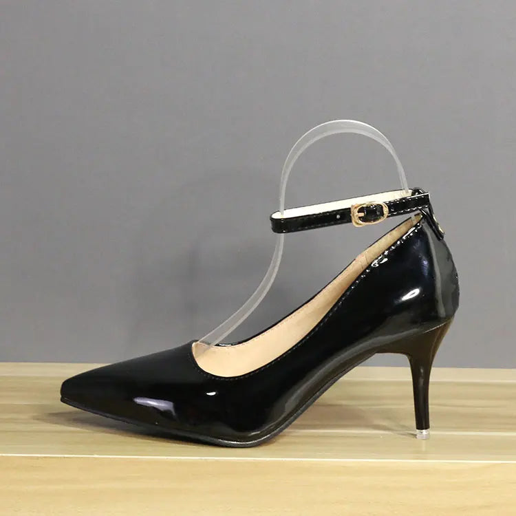 Black leather ankle strap heel