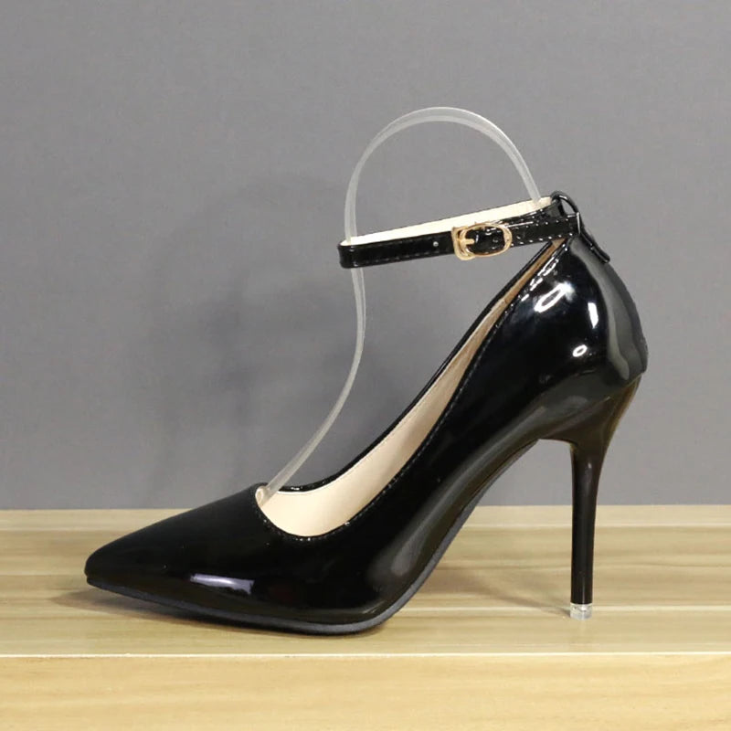 Black leather ankle strap heel