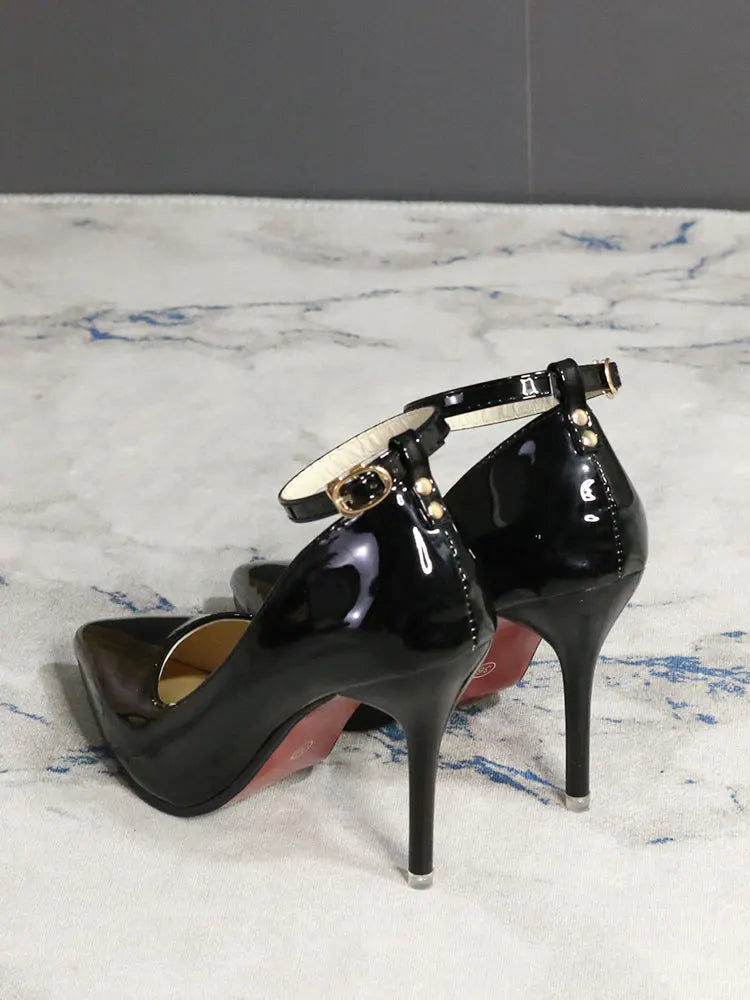 Black leather ankle strap heel