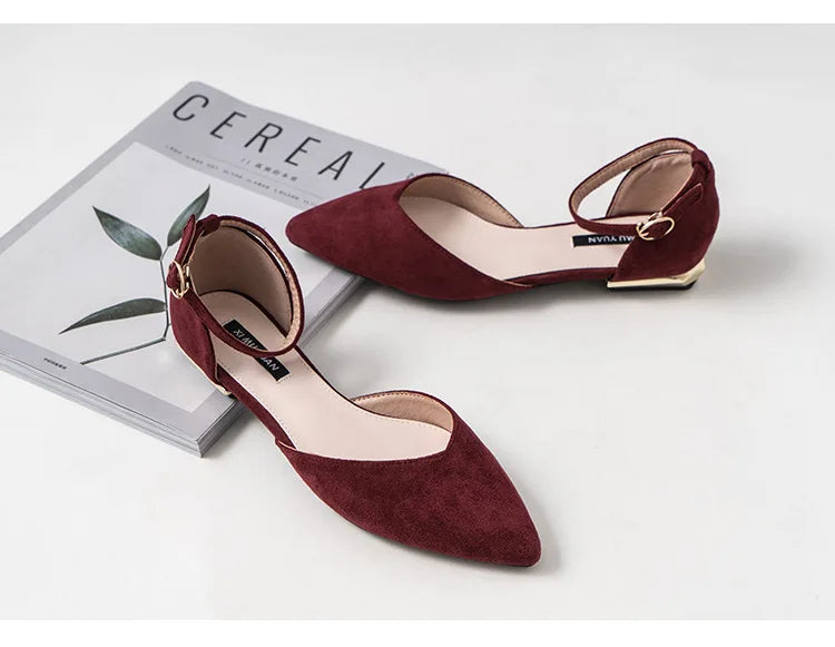 Burgundy flat with ankle strap heel