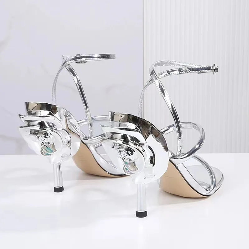 Silver metallic ankle ankle strap heel