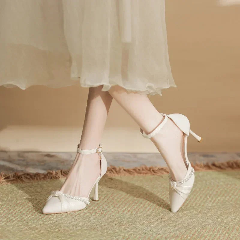 Beaded ankle strap heel