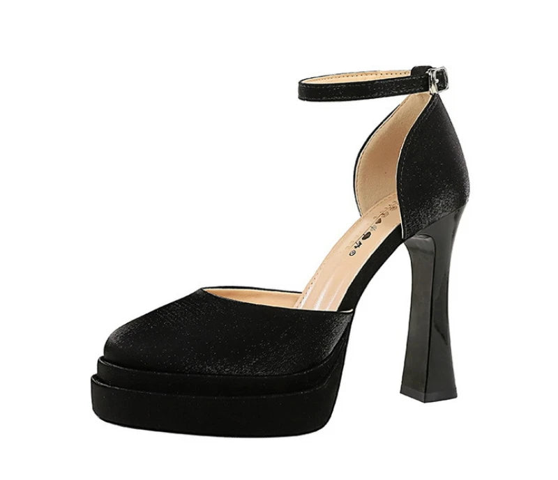 Embellished ankle strap heel