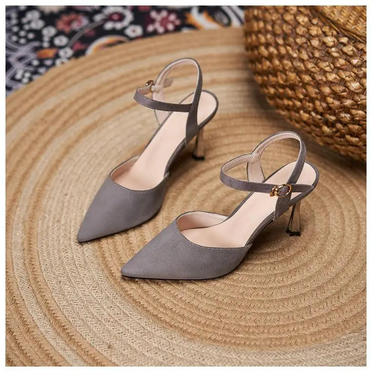 Suede ankle strap heel closed toe