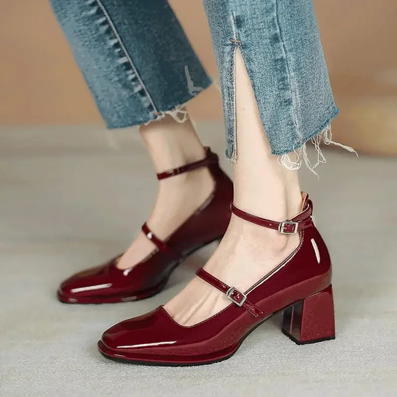 ankle strap square toe heels