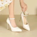 White ankle strap heels