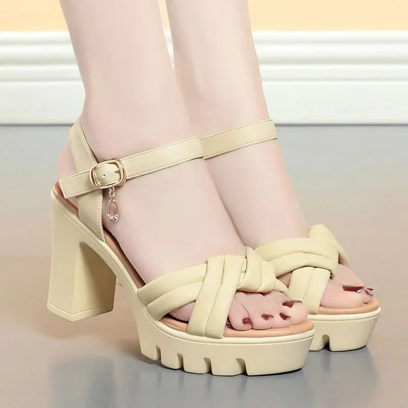 Nude ankle strap platform heel