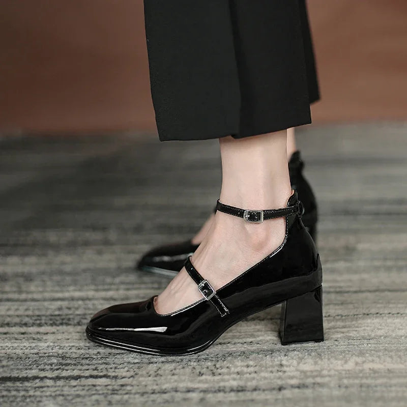 ankle strap square toe heels