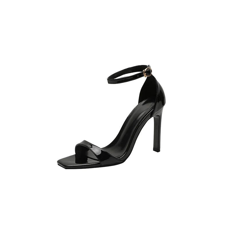 Black patent ankle strap heel