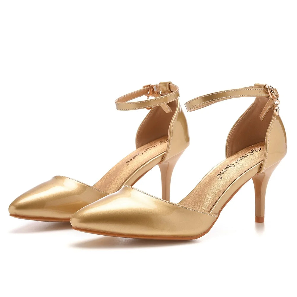 Tan heel with ankle strap closed toe