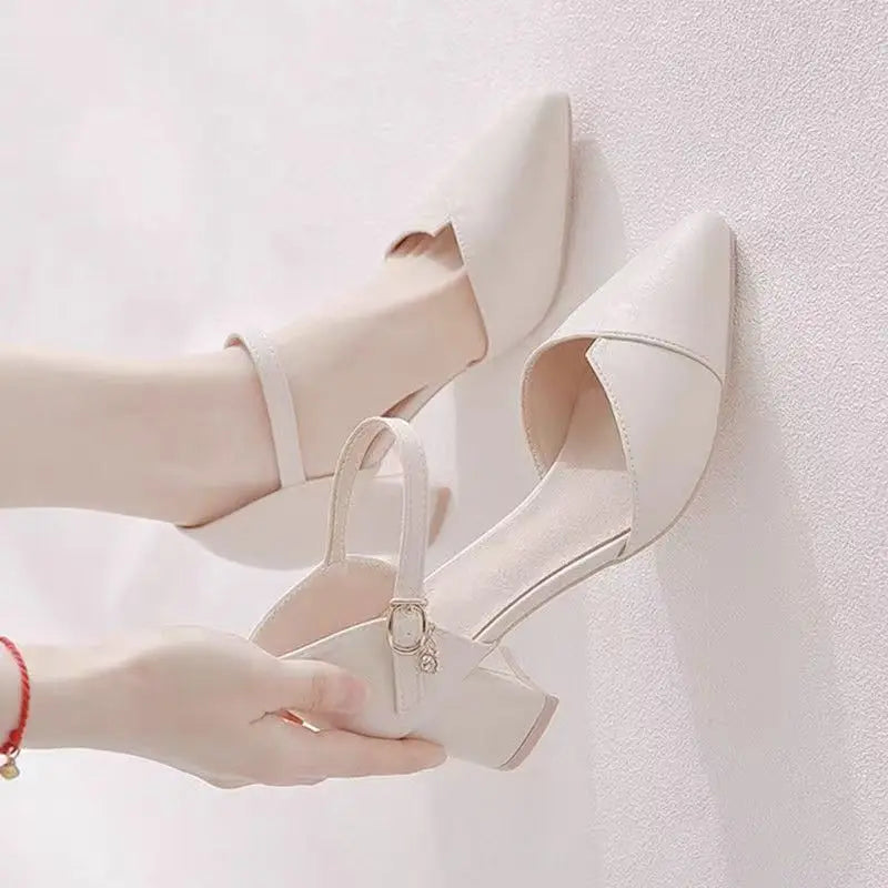 Beige ankle strap heels