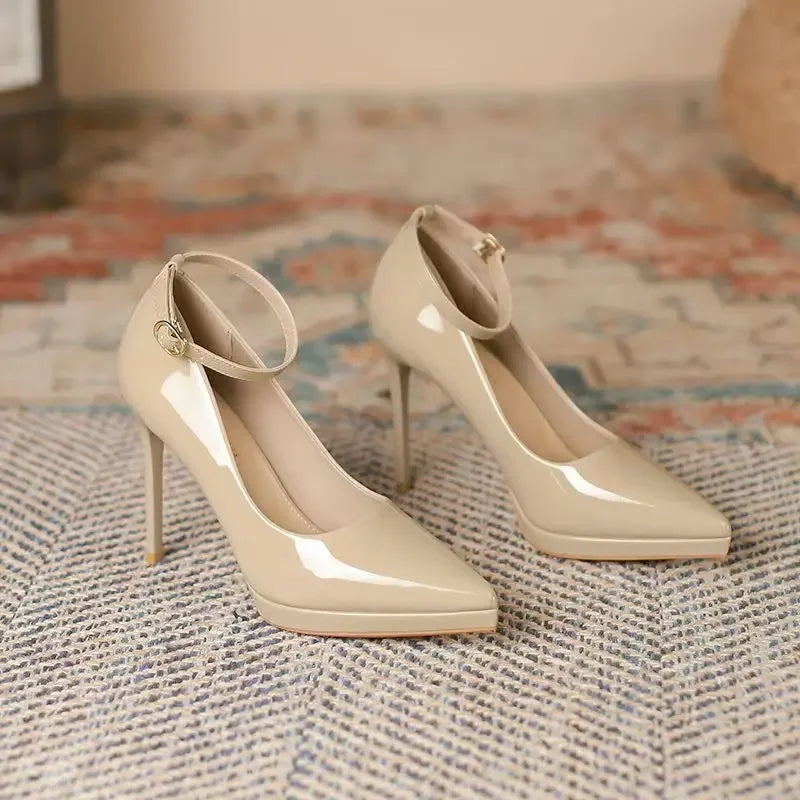 White ankle strap heels