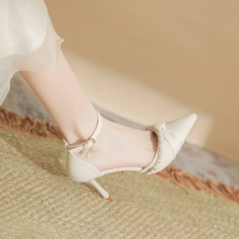 Beaded ankle strap heel