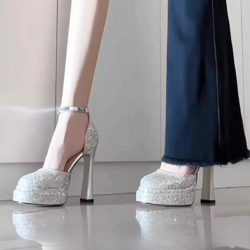 Sequin ankle strap heel