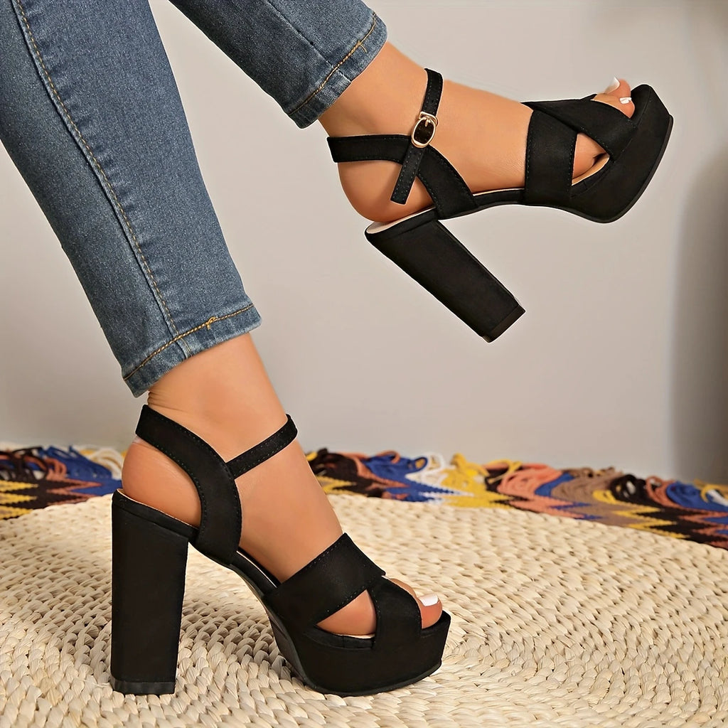 Black satin ankle strap heel