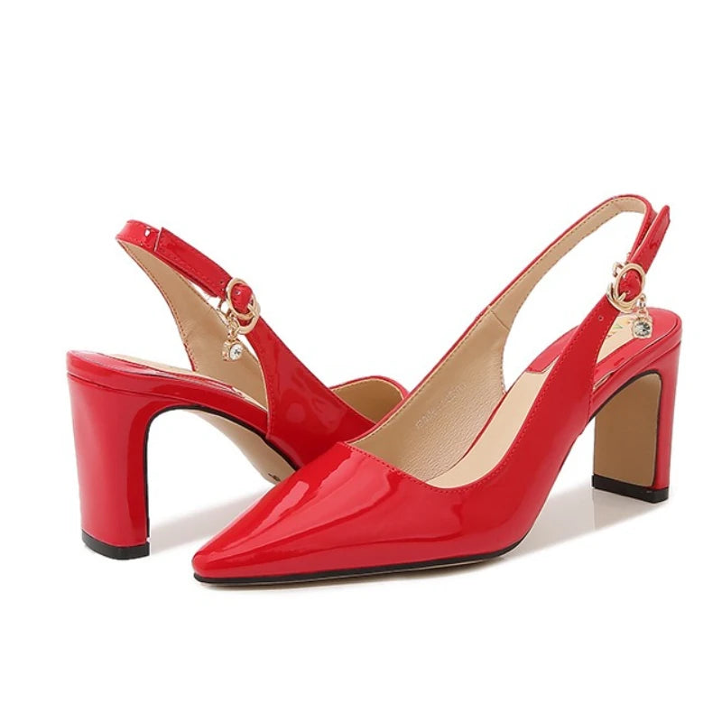 Red satin ankle strap heel