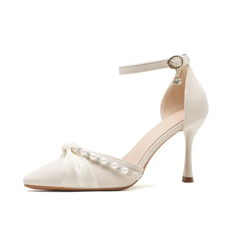 Beaded ankle strap heel