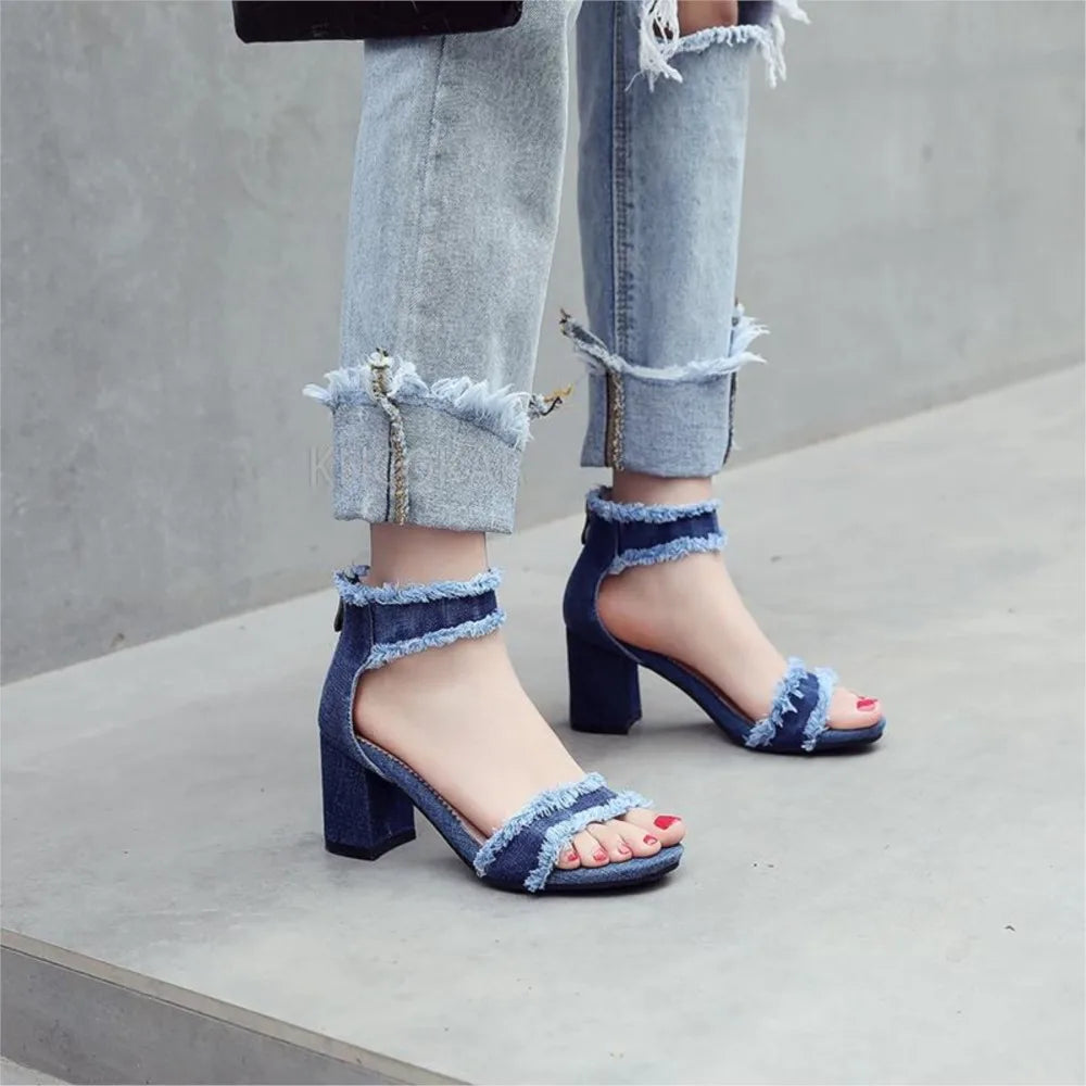 Denim ankle strap heel
