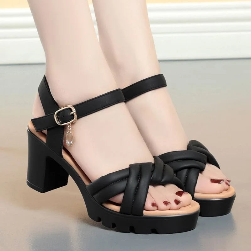 Nude ankle strap platform heel