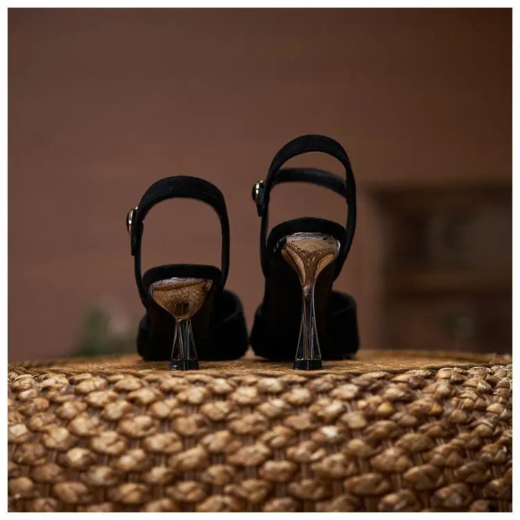 Suede ankle strap heel closed toe