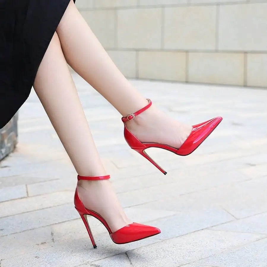 Red patent ankle strap heel