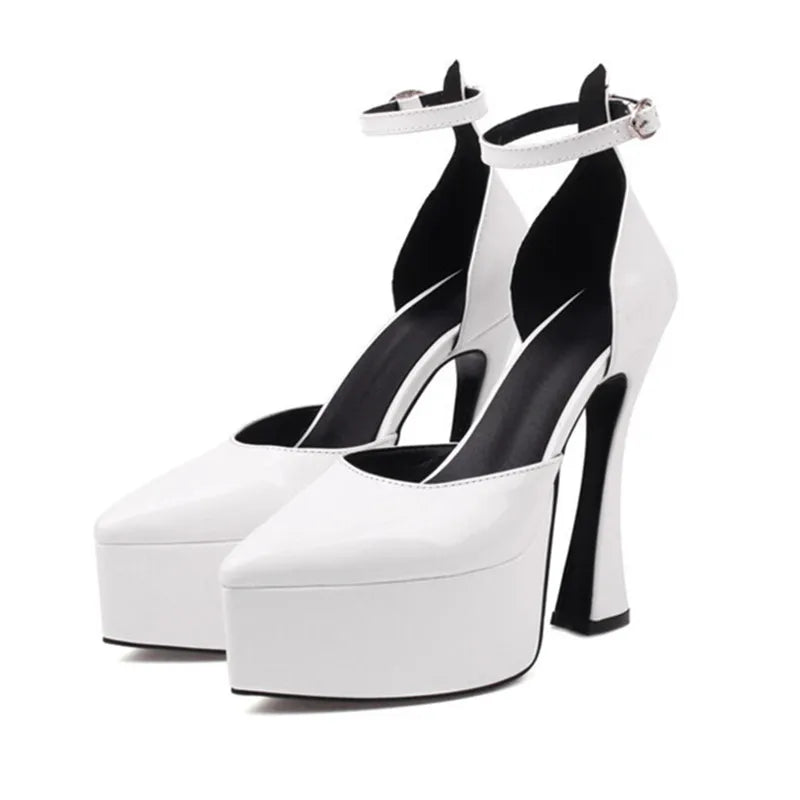 Black pointed heels with ankle strap