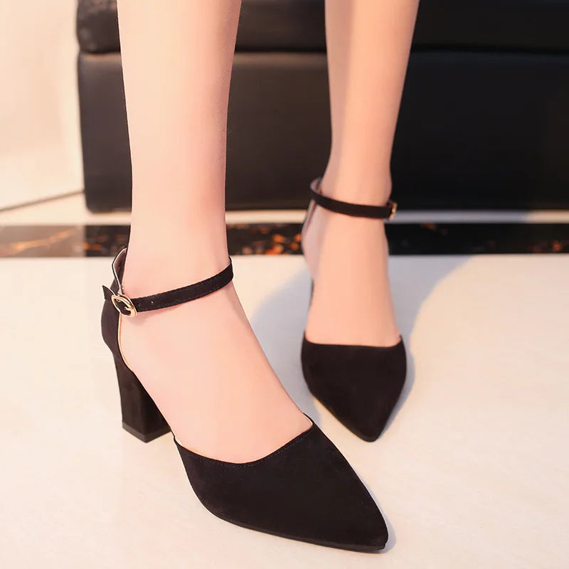 Black velvet heel ankle strap