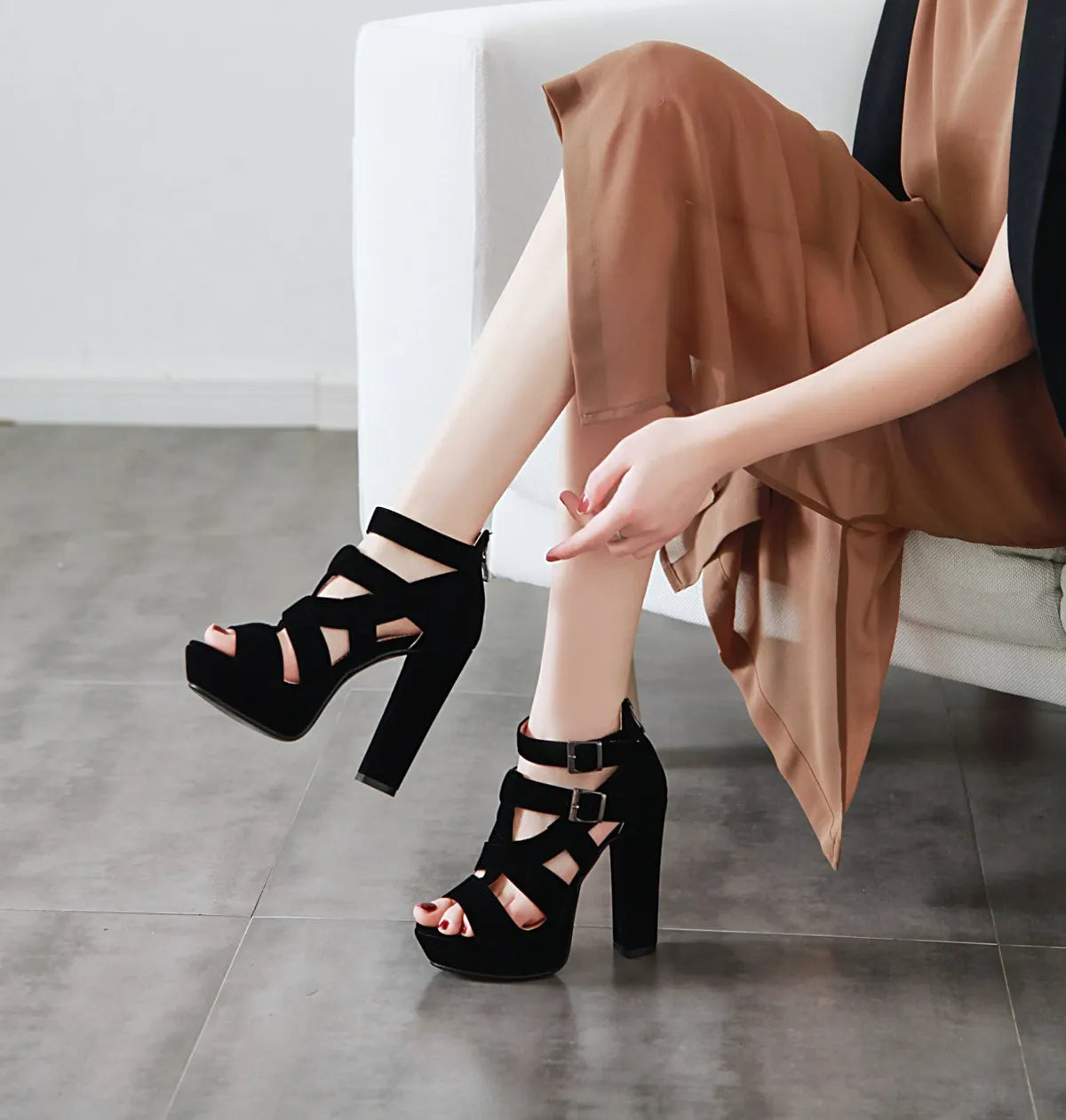 Suede platform heel with ankle strap