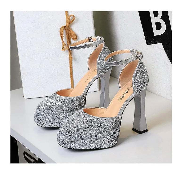 Ankle strap closed toe platform heel