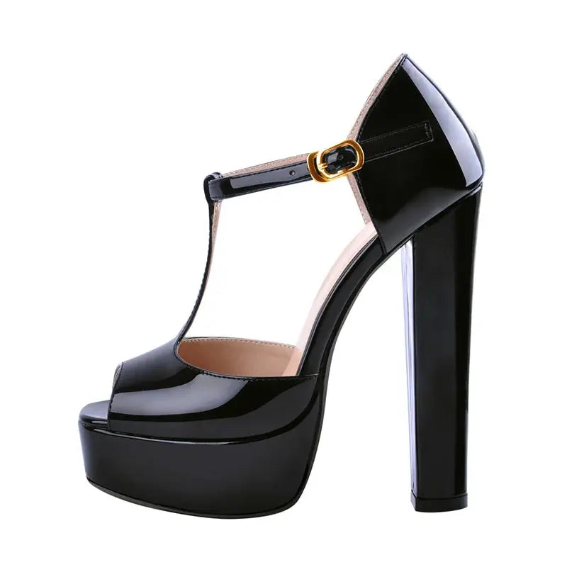 Black high-heeled platform sandal with a gold buckle on a white background
