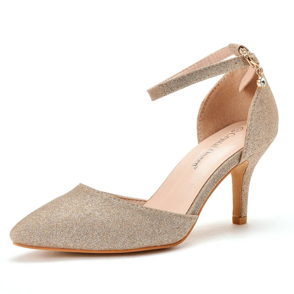 Tan heel with ankle strap closed toe