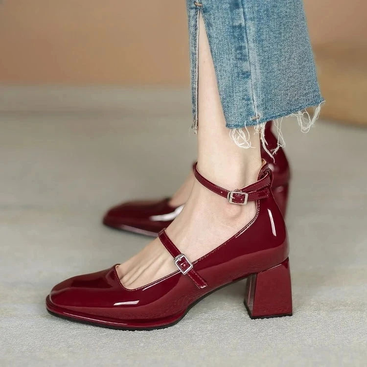 ankle strap square toe heels