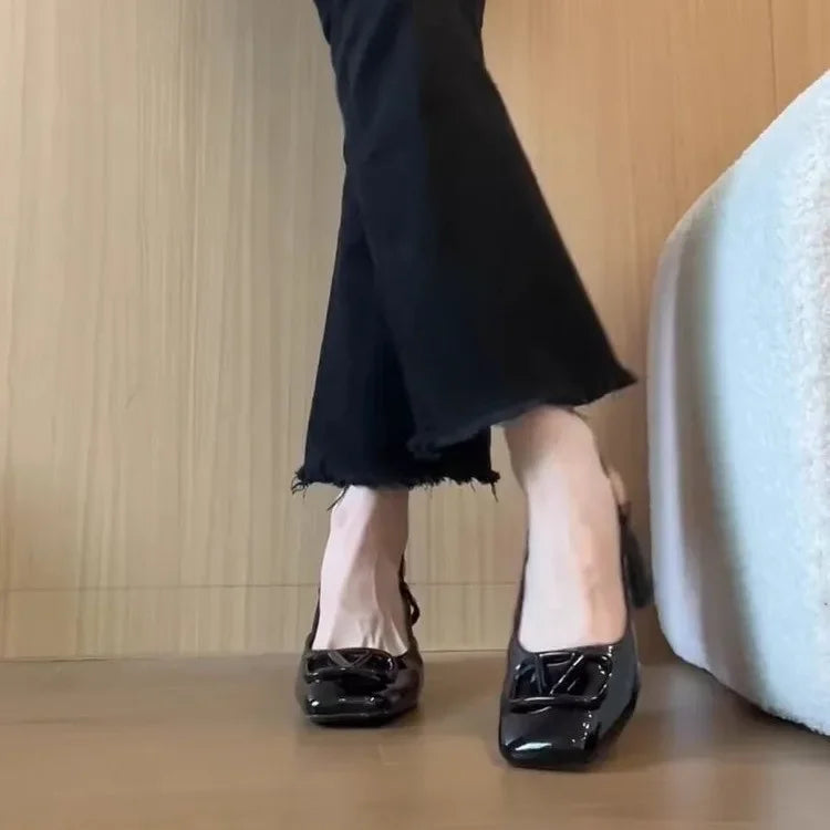 Patent leather ankle strap heel