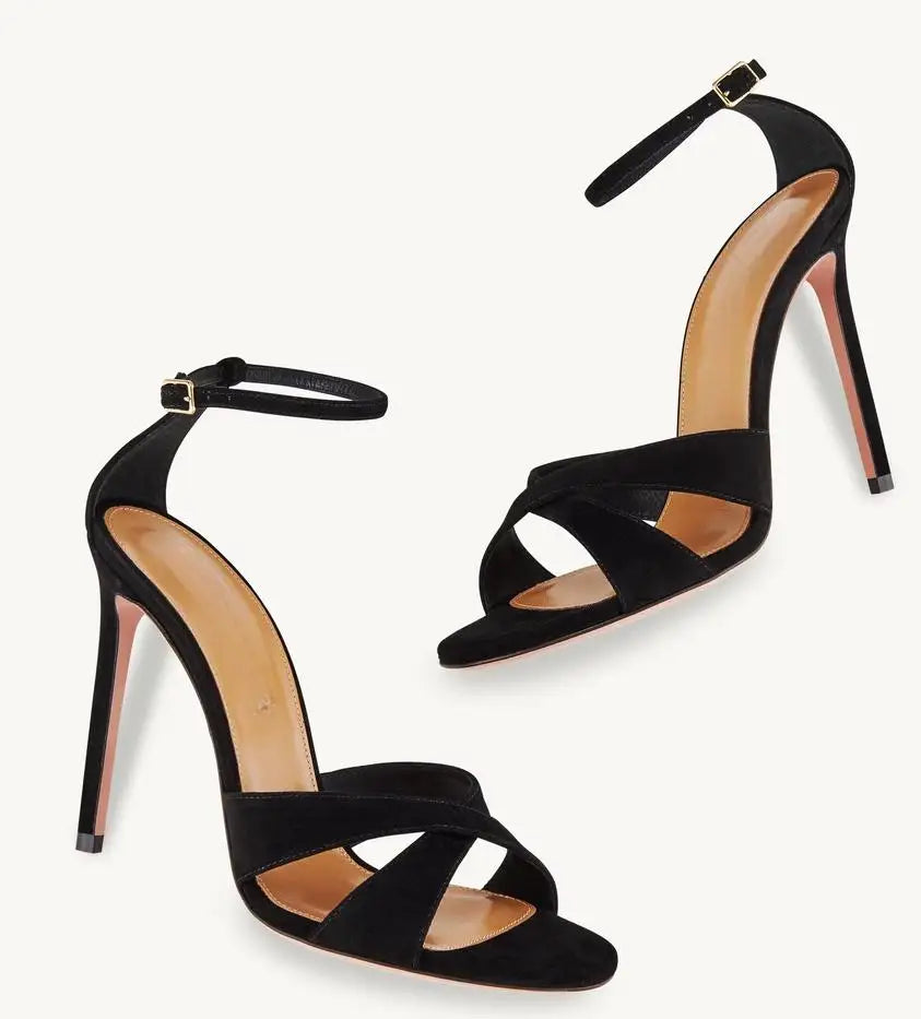 Suede ankle strap heel