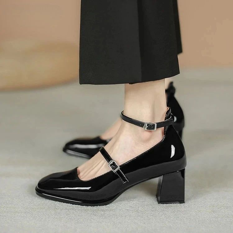 ankle strap square toe heels