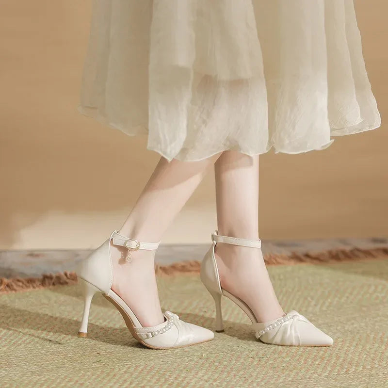 Beaded ankle strap heel