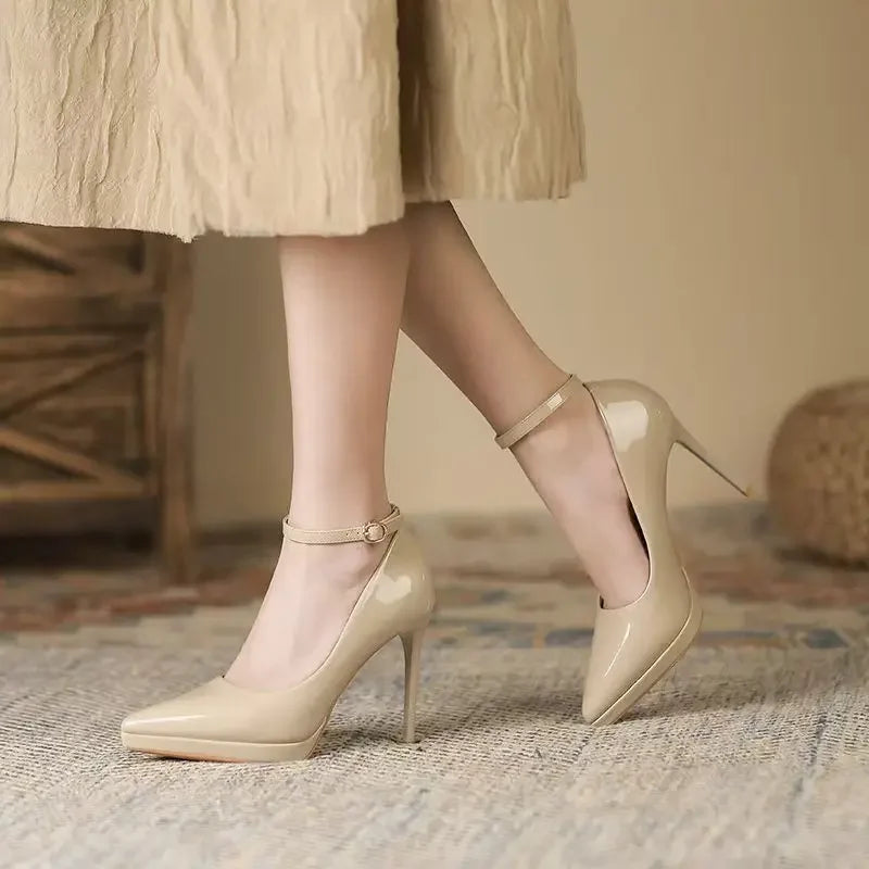 White ankle strap heels