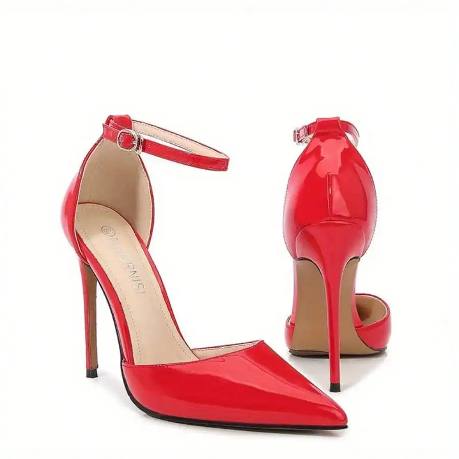 Red patent ankle strap heel