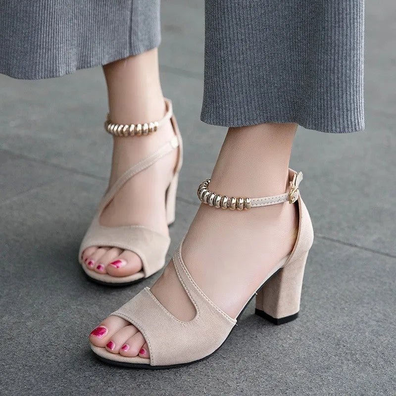 Criss cross ankle strap block heel sandal