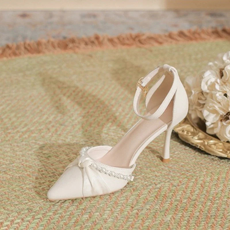 Beaded ankle strap heel