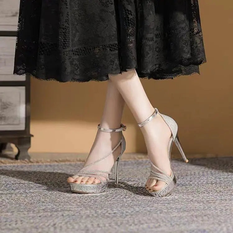 Silver sparkly ankle strap heel