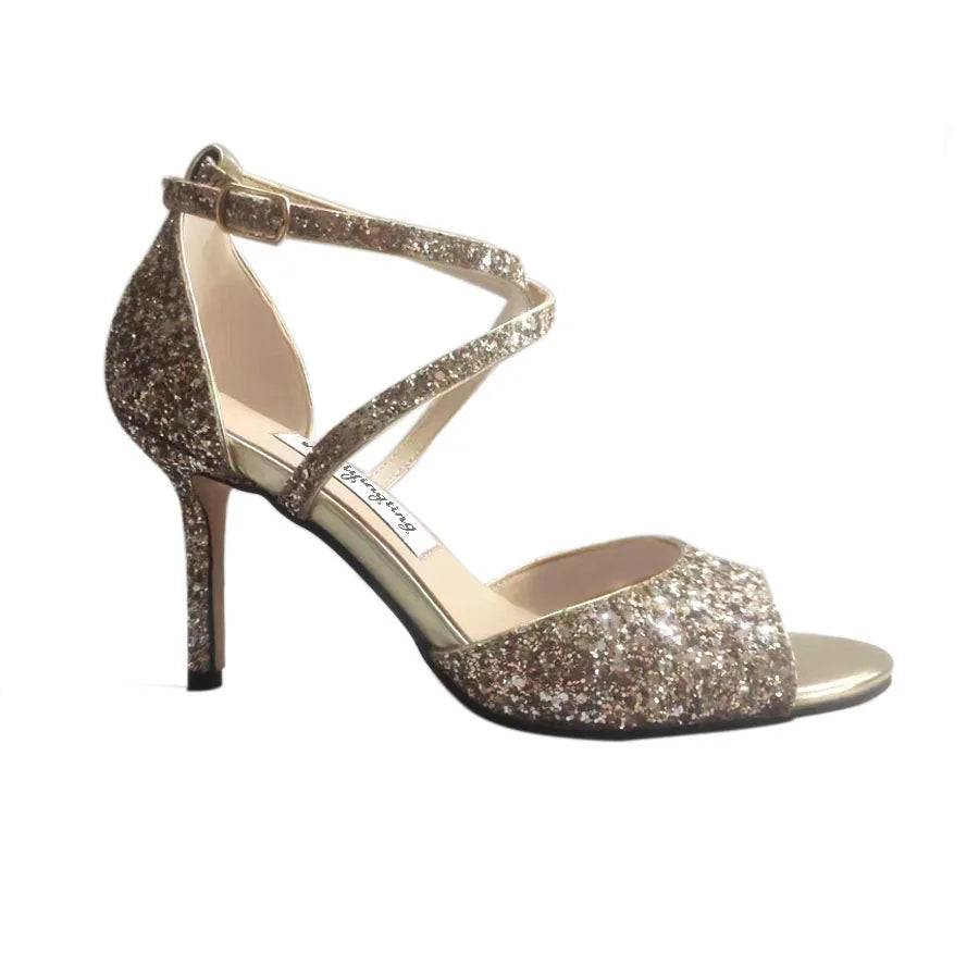 Gold glitter heel with ankle strap