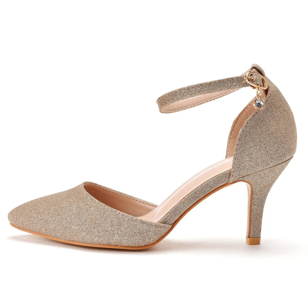 Tan heel with ankle strap closed toe