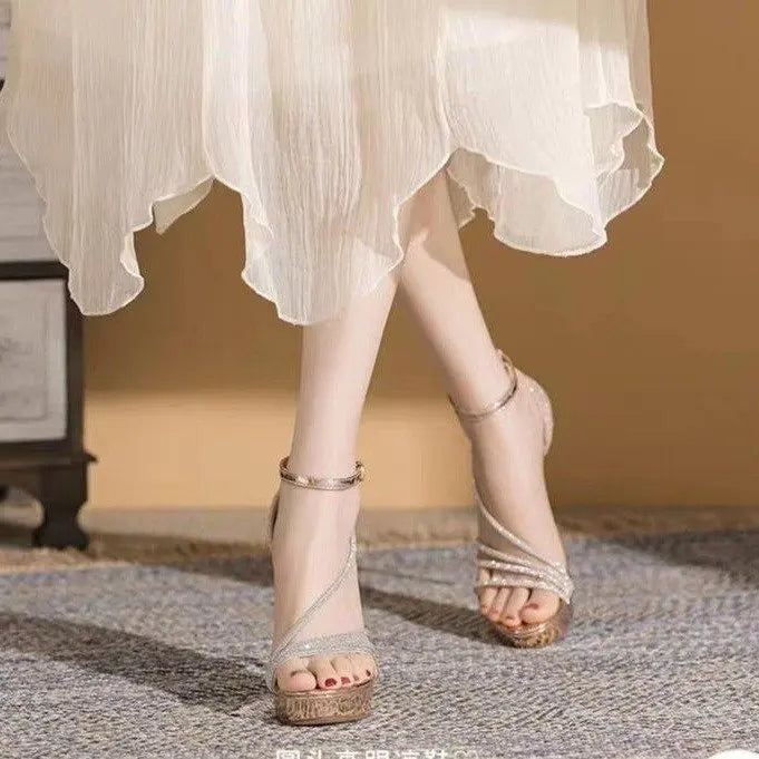 Silver sparkly ankle strap heel