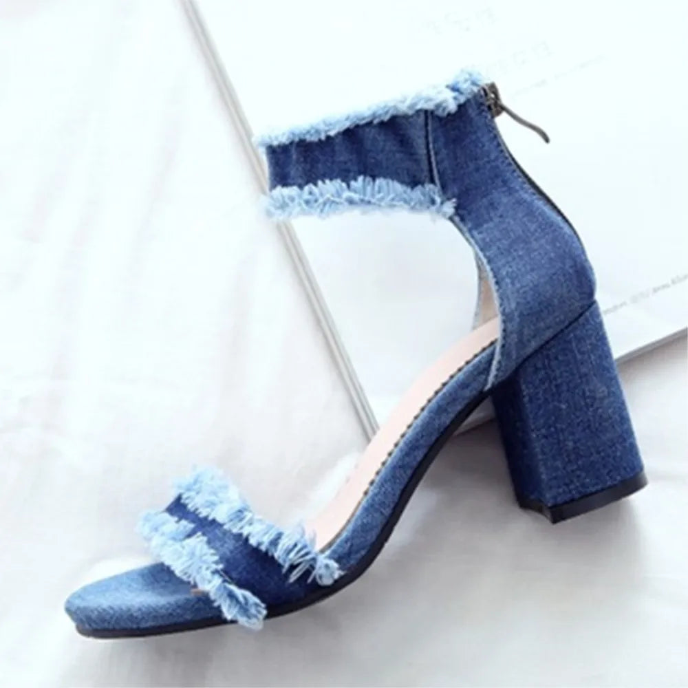 Denim ankle strap heel