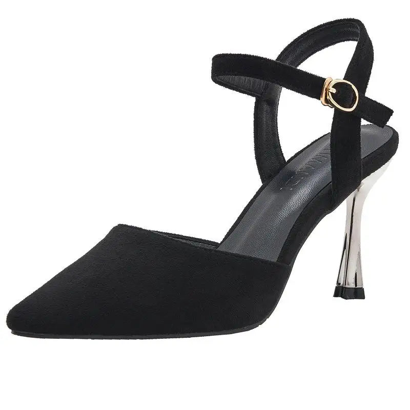 Suede ankle strap heel closed toe