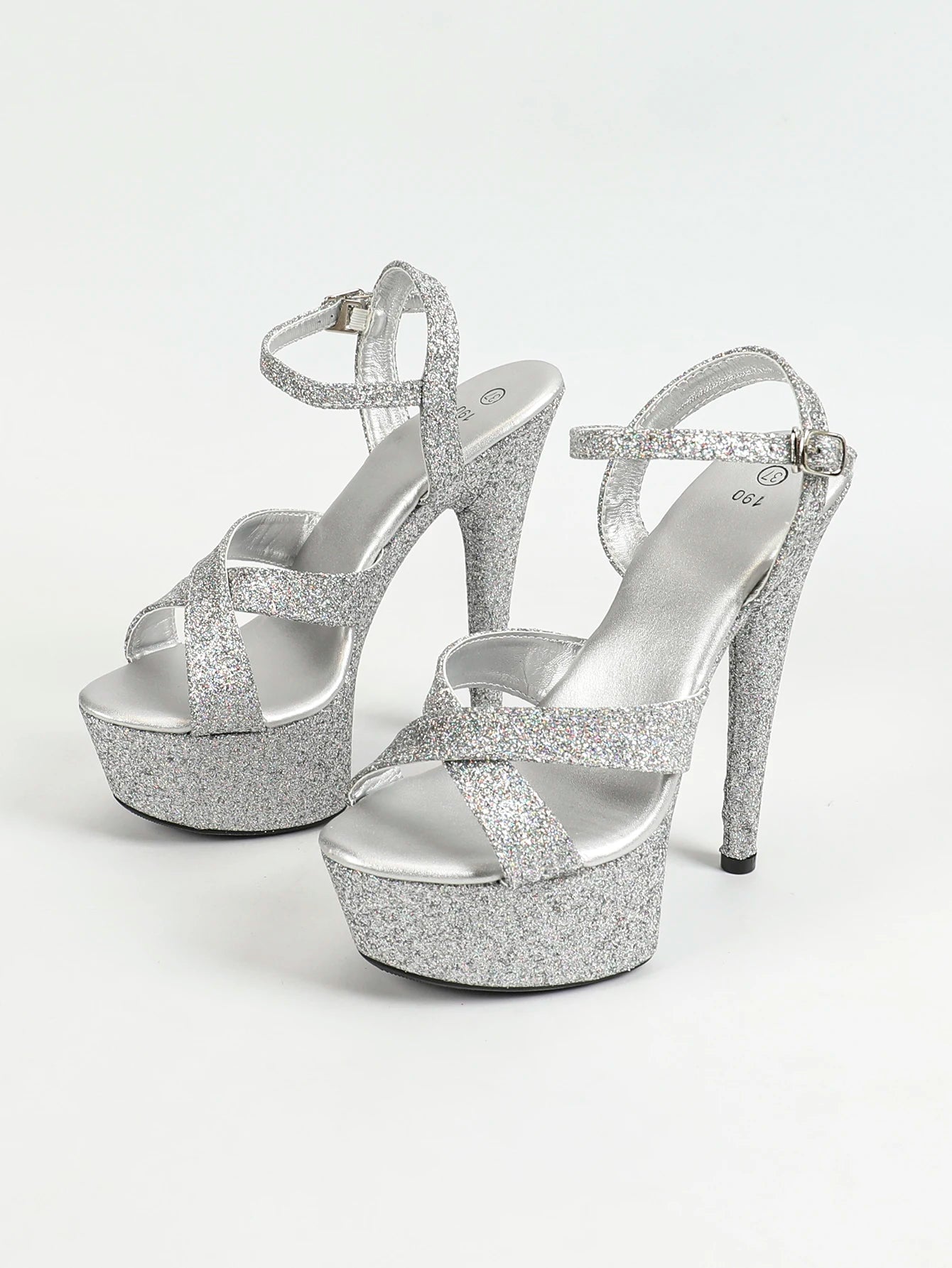 Silver sexy sandal ankle strap heel