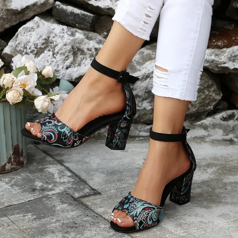 Embroidered ankle strap heel